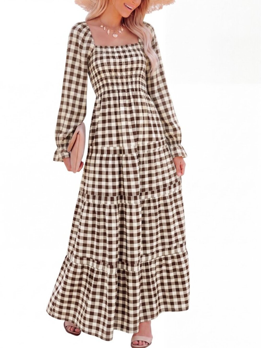 Women Long Sleeve Square Neck Floral Fall Maxi Dress with Pockets